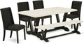 East West Furniture V627FL624-6 6 Piece Dining Room Table Set Contains a Rectangle Kitchen Table with V-Legs and 4 Black Linen Fabric Parson Chairs with a Bench, 40x72 Inch, Multi-Color