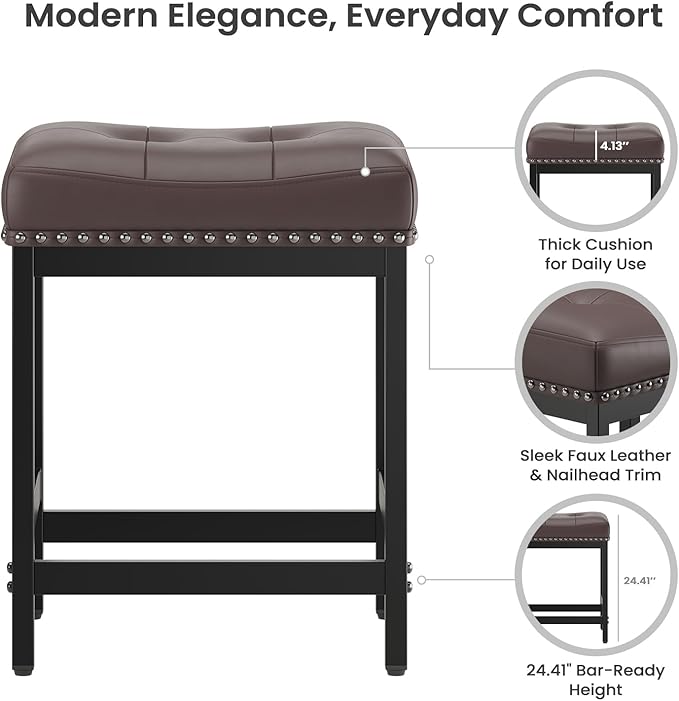 MALOL Set of 3 Saddle Bar Stools Counter Height 24.4”, Brown Backless Barstools for Kitchen Island, Modern PU Leather Cushioned Seat, Bar Chairs for Kitchen Counter, Breakfast Bar Stools for Home