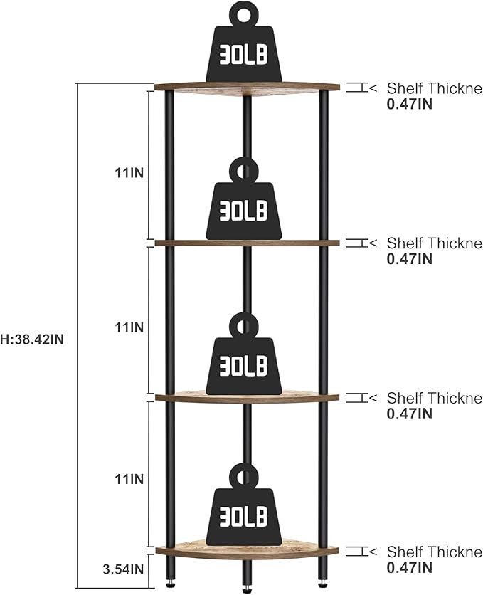 4 Tier Corner Shelf, Bookcase for Small Spaces, Corner Display Shelf, Plant Stand, Rustic Brown and Black,Suitable for Bedroom,Living Room,Kitchen