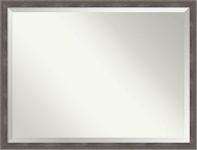 Amanti Art Grey Wall Mirror 33x43 Pinstripe Lead Grey Rectangle Bathroom Mirror for Wall Decor Living Room, X-Large Modern Wood Frame, Hangs Horizonally and Vertically, Bathroom Decor, Beveled Edge