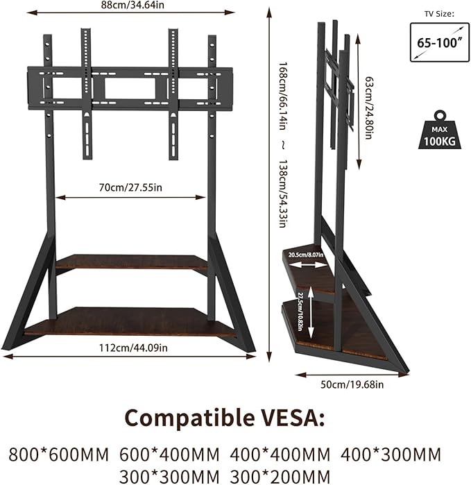 unho Mobile TV Floor Stand with Wheels Shelves for 65 to 100 inch Large LCD/LED Flat Curved Screen up to 220lbs, Adjustable Heights TV Mount Stands VESA 800x600mm, Rolling TV Stand for Bedroom Office