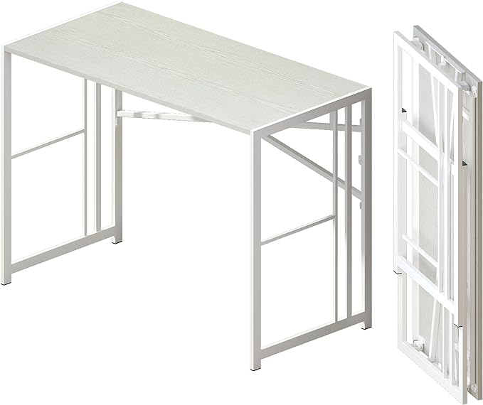 Folding Desk 40 inch Writing Gaming Computer Camping Table, No Assembly Required Home Office Desk, White