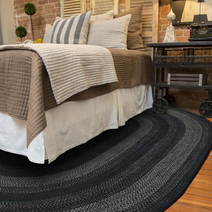 Homespice Jet Black Oval Area Rugs 4x6' – Hand Braided Gray and Black Area Rug for Living Room and Bedroom