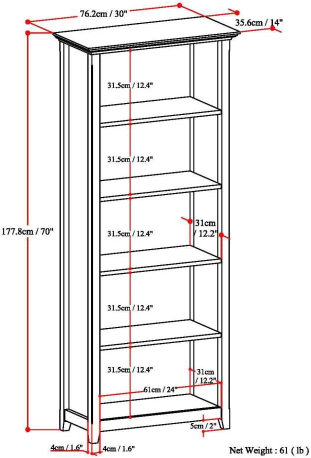 SIMPLIHOME Amherst Bookcase - 70 inch Tall 5-Shelf Solid Wood Bookshelf in Black, Transitional Storage for Living Room, Study Room or Office with Adjustable Shelves and Tapered Legs