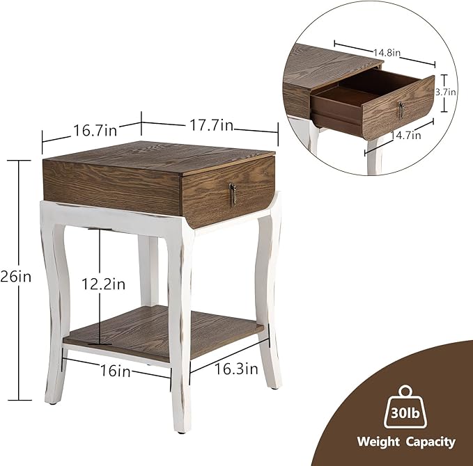 COSIEST Rustic Nightstand, 2-Tier Farmhouse Bedside Table, Wood Accent End Table with Storage Drawer and Open Display Shelf for Bedroom Nursery Living Room(Walnut)