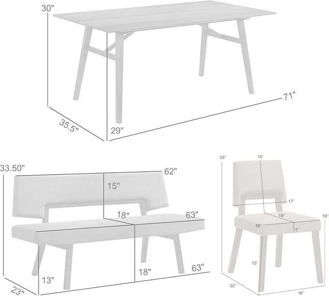Armen Living Channell Mid Century Modern 6 Piece Walnut Wood Dining Table Set with Bench in Charcoal Fabric