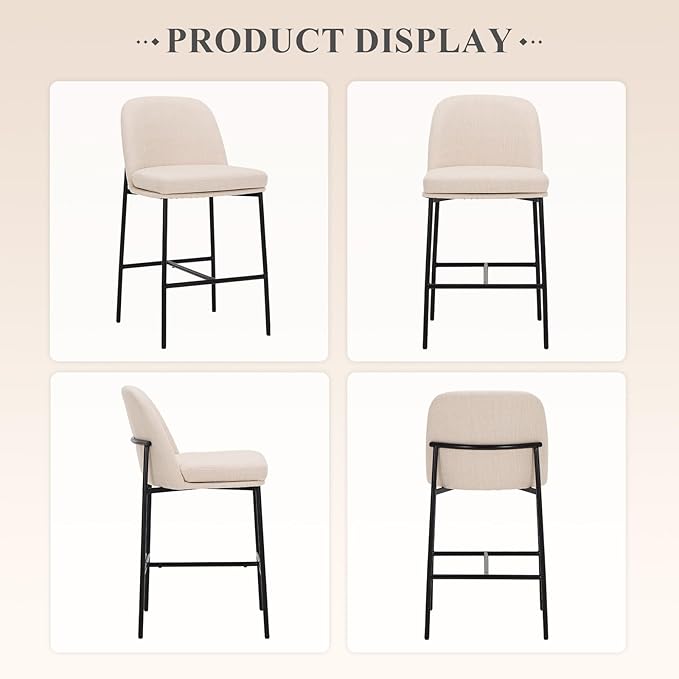 COLAMY Counter Height Bar Stools Set of 2, 25 Inch Modern Fabric Kitchen Island Stools with Back, Upholstered Counter Barstools Armless Bar Chairs with Metal Legs for Island Dining Room Bar, Beige