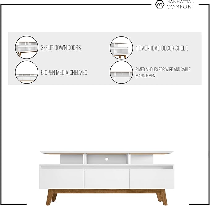 Manhattan Comfort Yonkers 63 Inch Mid Century Modern TV Stand with Storage, 3 Flip Down Door, Hole for Wire Management, Fits Up to 60" Television, Durable & Versatile Console Table, Off White/Cinnamon