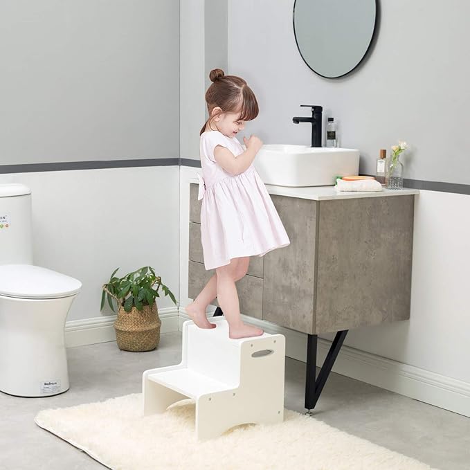 WOOD CITY Toddler Step Stool, Wooden 2 Step Stools for Bathroom Sink Potty Training Kitchen Dual Height Stool Helper for Kids Bonus Non-Slip Pads and Handles for Safety (White)