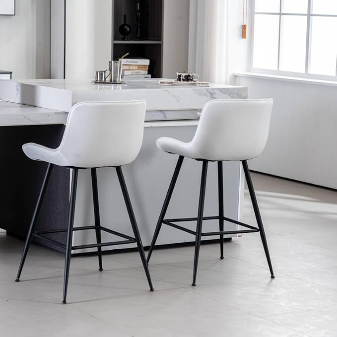 24’’ Bar Stools Set of 2 Modern Barstools White Bar Stools with Fabric Upholstery Counter Height Bar Stools with Low Back Stools for Kitchen Counter, Bar, Pub, Cafe (White).