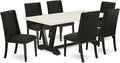 East West Furniture V627FL624-7 7 Piece Modern Dining Table Set Consist of a Rectangle Wooden Table with V-Legs and 6 Black Linen Fabric Parson Dining Chairs, 40x72 Inch, Multi-Color