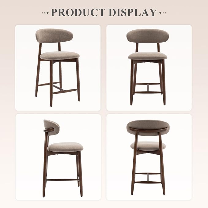 COLAMY Counter Height Bar Stools Set of 4, Kitchen Bar Stools with Back, Mid Century Modern Upholstered, with Wood Legs for Kitchen Island Dining Room, Camel