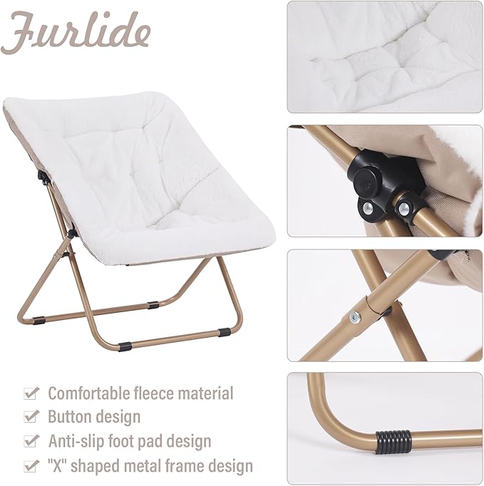 Saucer Chair with Ottoman, Comfy Bedroom & Living Room Chairs, Foldable Metal Frame Chair (White)