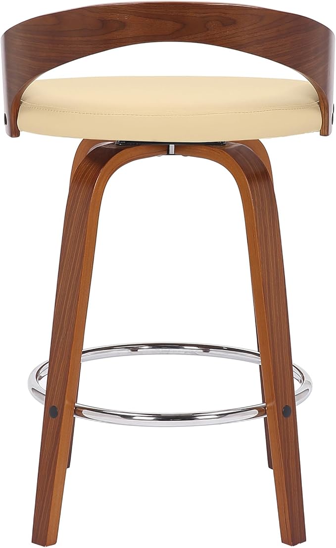 Armen Living Sonia 26" Counter Height Swivel Cream Faux Leather and Walnut Wood Bar Stool - Set of 2