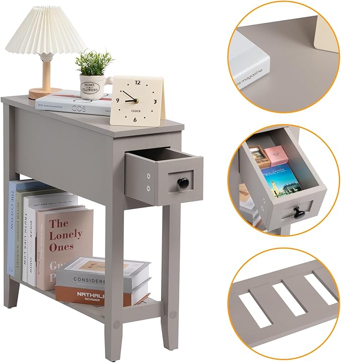 Gery Chairside Narrow End Table, Solid Recliner Side Table with Drawer, Slim Nightstand Bedside Table for Living Room Bedroom