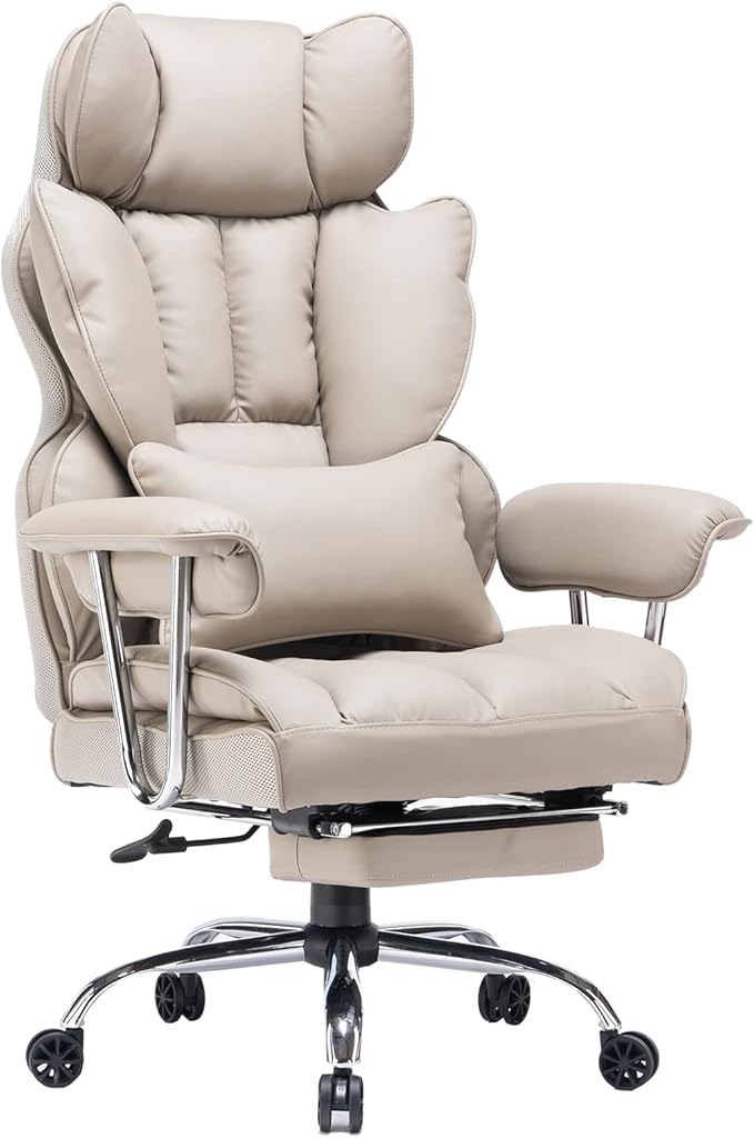 Efomao Big and Tall Office Chair 400lbs – High Back PU Leather Executive Chair with Lumbar Support, Footrest, Swivel Base, Padded Armrests, and Rolling Wheels for Home Office, Grey Computer Chair