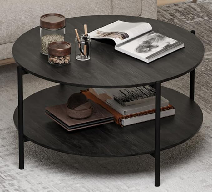 Round Coffee Table, 2-Tier 32.9" Circle Coffee Tables with Storage Wood Rustic Farmhouse Center Circular Coffee Table for Living Room Bedroom Balcony Office - Grey