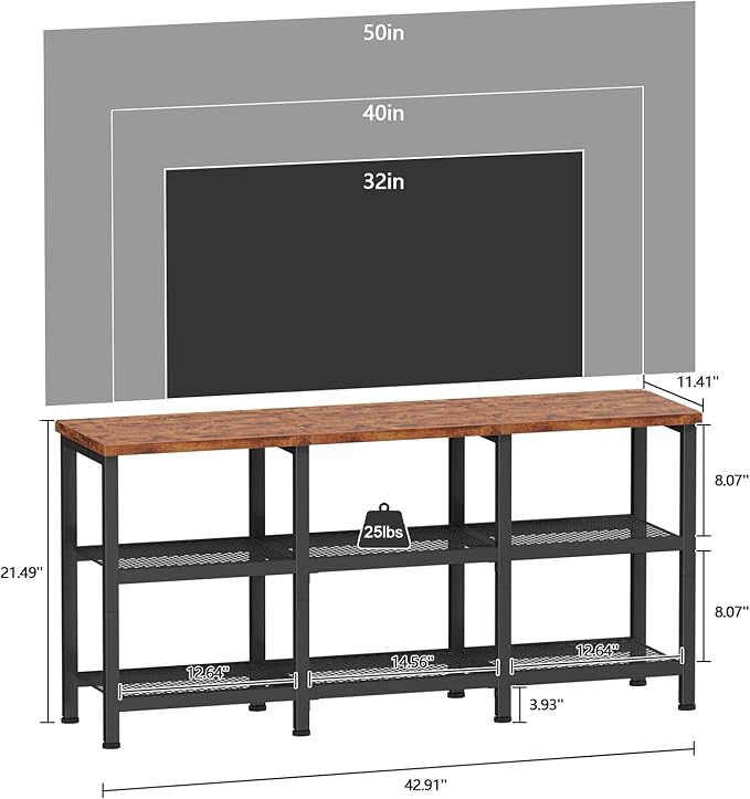 Furologee TV Stand, Small Media Console Table with 3-Tier Storage Shelves, Industrial Entertainment Center for TVs up to 50 Inch, Television Stands for Living Room, Bedroom, Rustic Brown