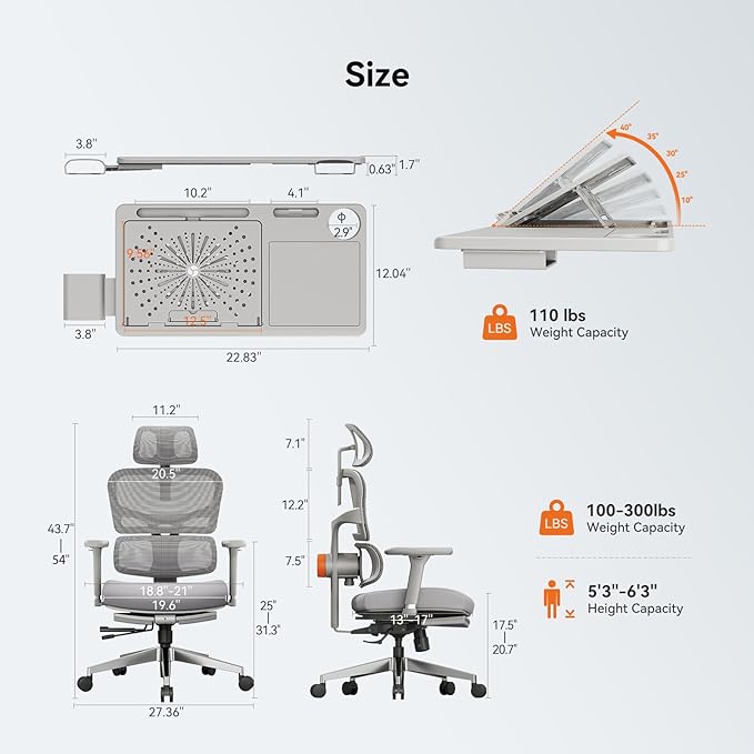 Newtral Office Chair Ergonomic - Home Office Desk Chair, Big and Tall Office Chair, Auto-Following Lumbar Support, 4D Armrest, Adjustable Seat Depth and Heigt (with Footrest + Laptop Tray, Gray)