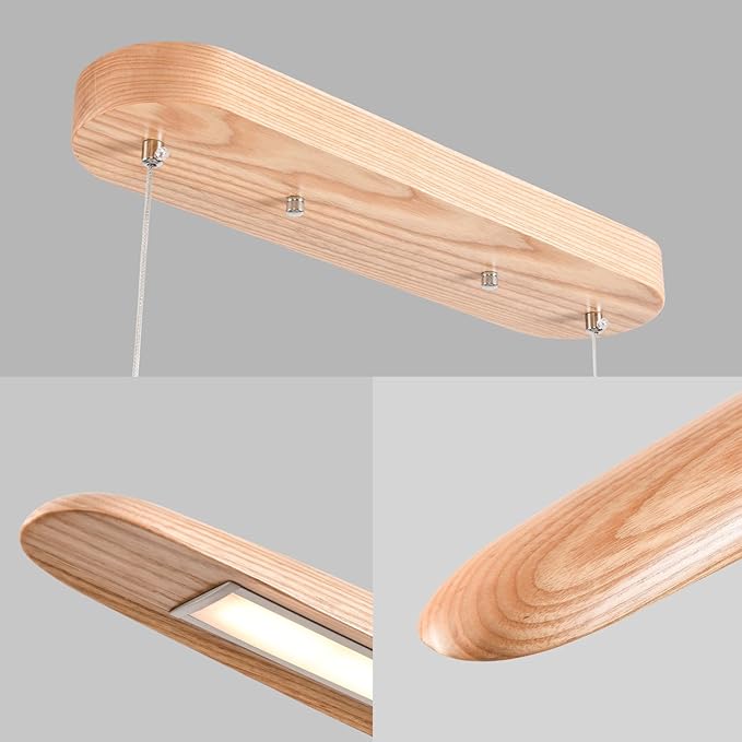 51" 36W Wood LED Linear Pendant Light Fixture Led Dining Room Light Dimmable Hanging Light Fixture for Dining Room Kitchen Island Pool Table Lights Natural Ash