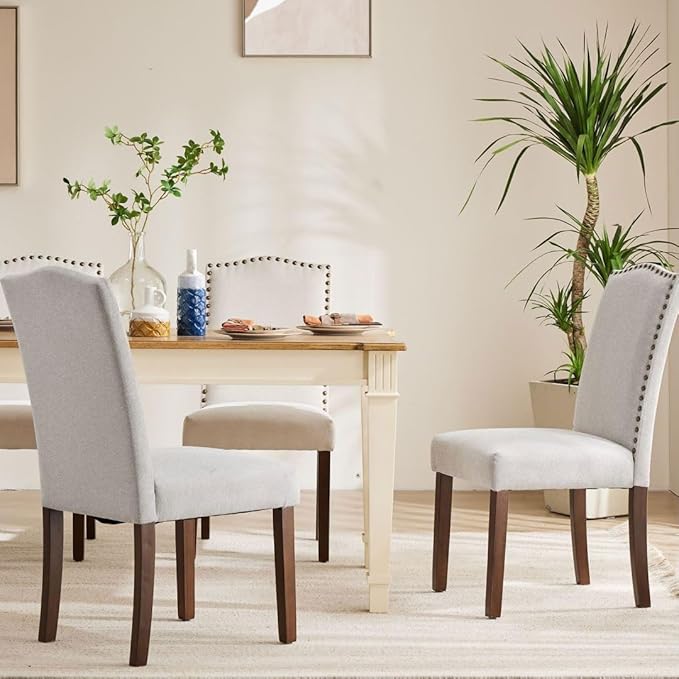 Kitchen Chairs Set of 2 Modern Upholstered Fabric Seat with Nailhead Trim and Ergonomic Lumbar Support for Living Room and Rustic Farmhouse Dining Area, Grey