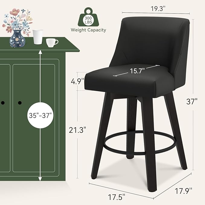 Vipbear Swivel Counter Height Bar Stools Set of 6,26.8" H Counter Stools with Back, Mid Century Modern Bar Stools for Kitchen Island,Faux Leather,Wooden Base, Black