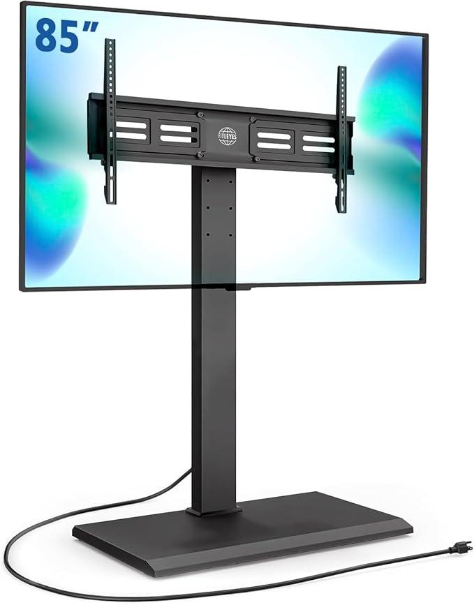 FITUEYES Iron Base Floor TV Stand with Power Strip, Tall TV Stand with Swivel Mount for 50-85 Inch Plasma Flat Panel or Curved Screen TVs Height Adjustable Wire Management MAX VESA 800x400 mm