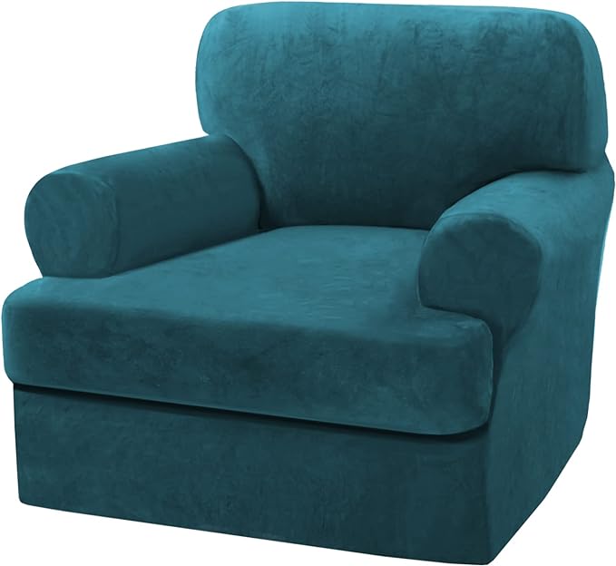 H.VERSAILTEX Sofa Cover 2 Piece T Cushion Armchair Slipcovers Velvet Couch Cover Furniture Protector Stretch T Cushion Sofa Covers for 1 Cushion Couch with 1 Individual T Cushion Covers, Deep Teal