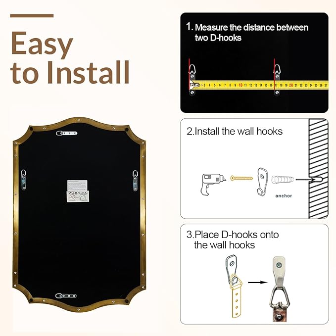 ANDY STAR 30x48 Inch Gold Bathroom Mirror, Large Brushed Gold Rectangle Mirror, Antique Brass Mirror in Rust-Proof Stainless Steel 1" Frame, Unique Wavy Frame Design, Vertically/Horizontally