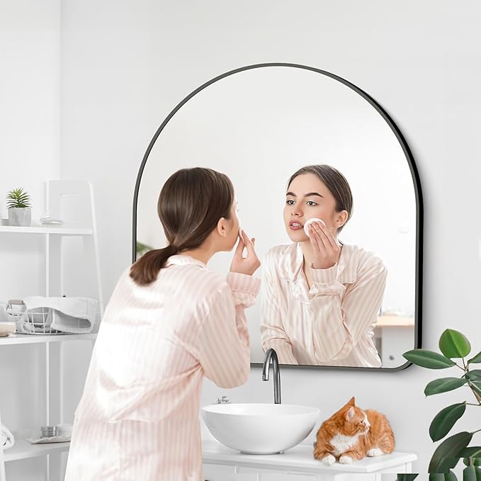 Arched Bathroom Mirror, 30"x30" Black Arched Mirror for Bathroom, Wall Mounted Mirror, Gold Vanity Wall Mirror Metal Frame for Bedroom, Entryway, Living Room, Vertically Hanging
