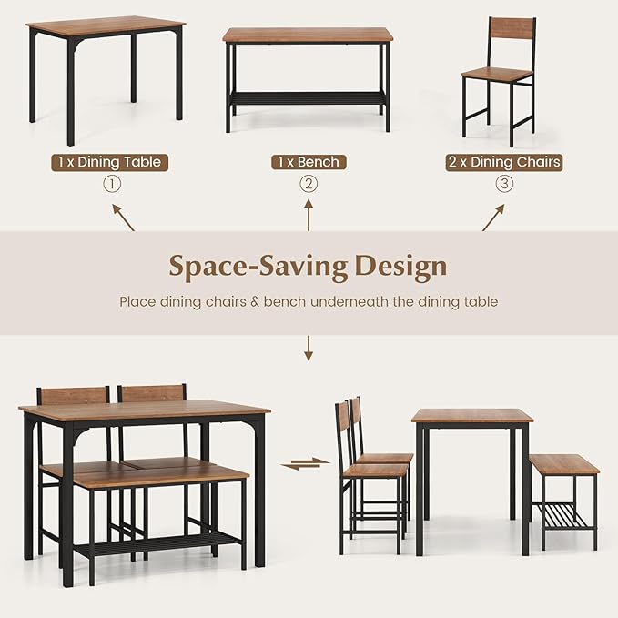 Tangkula Dining Table Set for 4, Kitchen Table and 2 Chairs for 4 with Bench, 4 Piece Dining Table Set for Small Space, Apartment