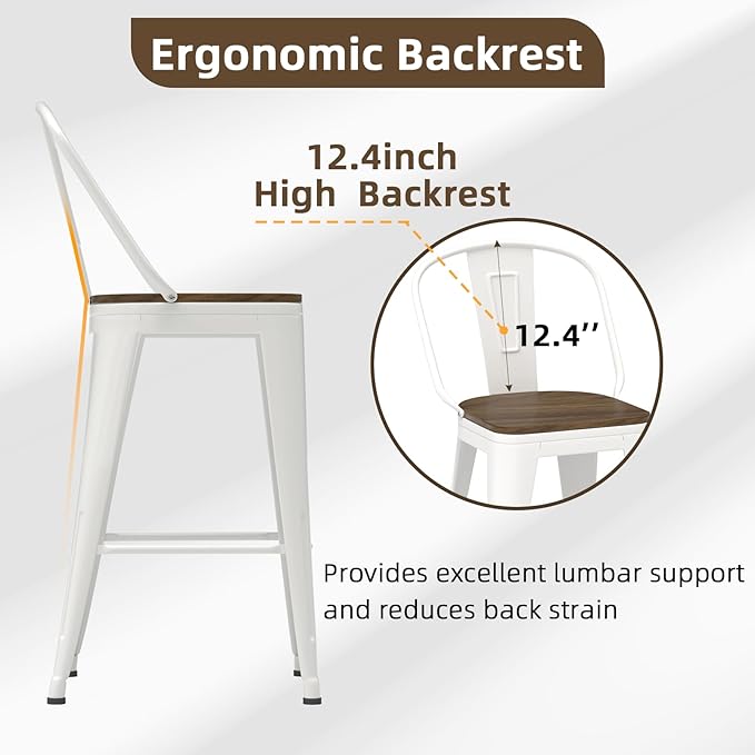 26” Swivel Bar Stools Set of 4, Counter Height Bar Stools Wooden Seat, Metal Industrial Bar Chairs with High Back for Kitchen Island (White)