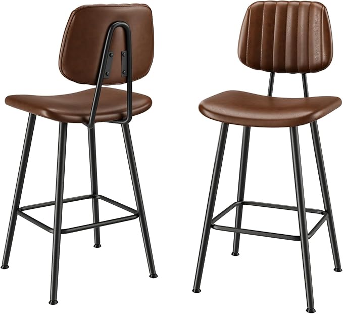 24-Inch Leather Bar Stools Set of 2, Counter Height Barstools with High Backrest，Bar Chairs for Kitchen Island with Heavy Duty Metal Legs, Dark Brown