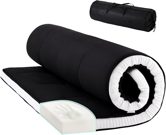 Tiita Floor Mattress Memory Foam Mattress Topper, 4" Thicken Futon Mattress with Storage Bag and 2 Straps, Portable Roll Up Travel Car Camping Mattress Sleeping Pad Full Size, Black