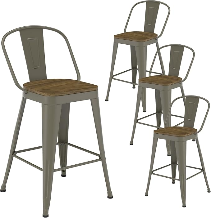 Metal Bar Stools Set of 4, High Back Bar Stools with Wooden Seat, 26 inch Rusty Barstools for Kitchen Island