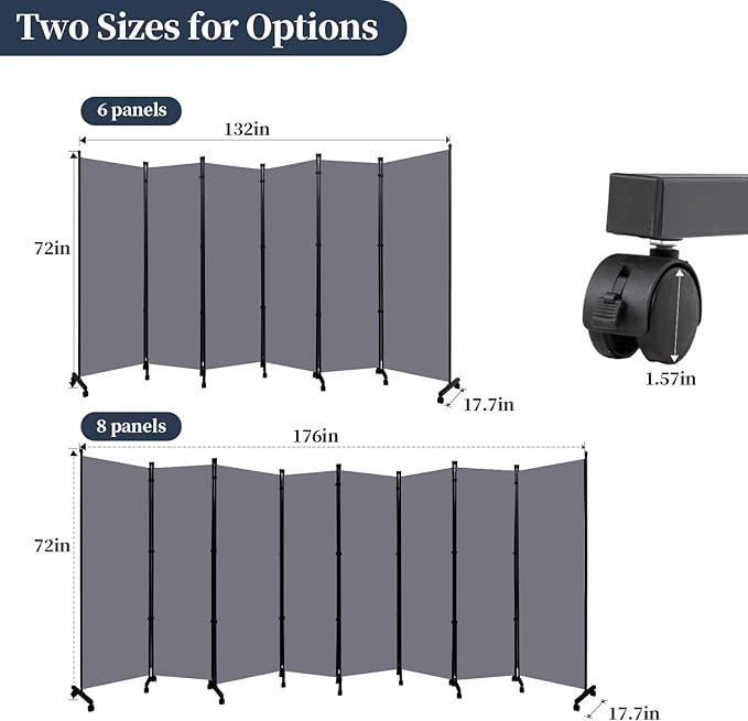 Room Divider Folding Privacy Screens with Lockable Wheels, 176'' Fabric Partition Room Dividers Freestanding Room Divider Panel for Room Separation, Wall Divider for Home Office Bedroom Studio Decor