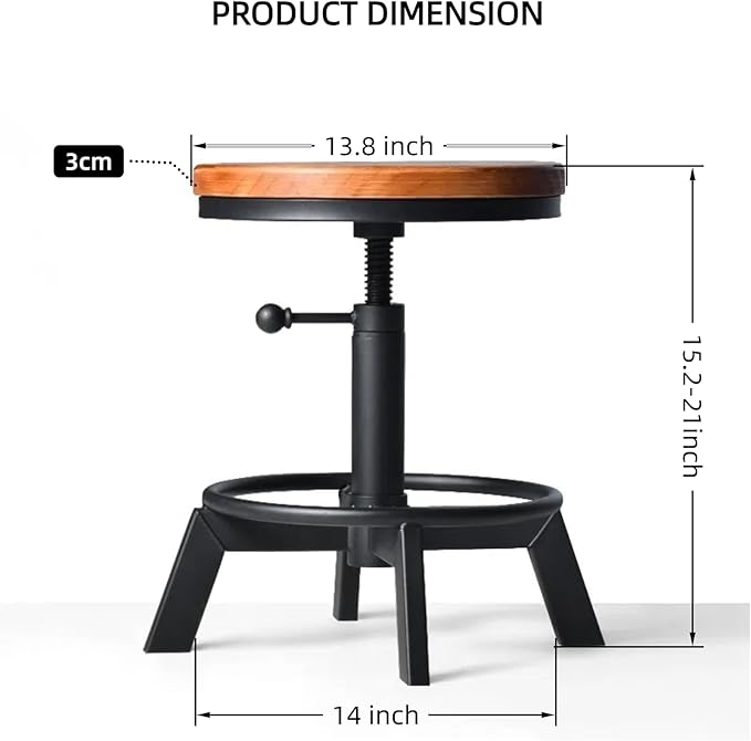 Set of 2 Industrial Bar Stools Short Stool Swivel Wooden Seat Kitchen Island Chairs Counter Height Adjustable 15.2-21inch