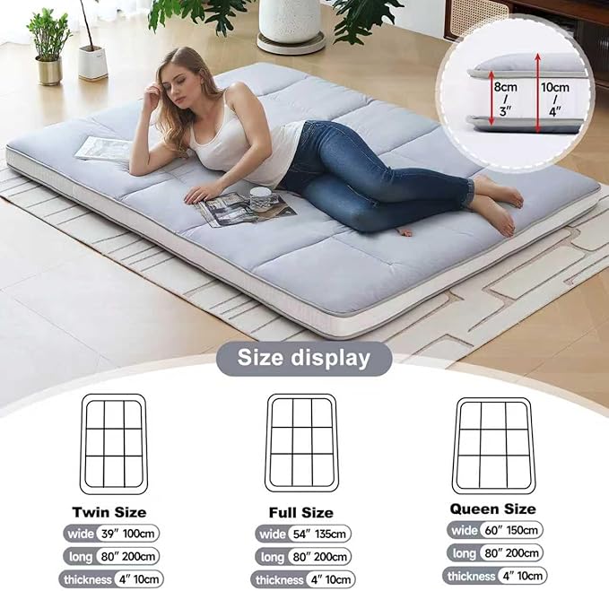 Tiita Japanese Floor Mattress Futon Mattress 4” Thick Folding Roll Up Sleeping Pad with Bag & Strap, Bed Topper Mat for Guest, Lounger and Tavel, Gray,Full Size