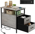 End Table with Charging Station, Narrow Side Table with 2 Fabric Drawer & Storage Shelf, USB Ports & Power Outlets, Narrow Nightstand for Bedroom Living Room Small Spaces, Greige