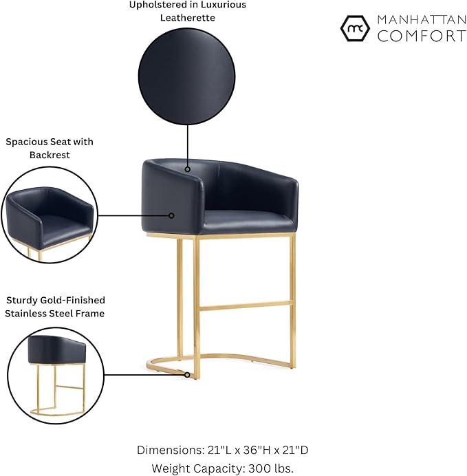 Manhattan Comfort Louvre 26 Inch Mid Century Modern Counter Height Bar Stools - Elegant Faux Leather Padded Seat, Stainless Steel Base with Footrest, Fully Assembled Barstools, Set of 3, Black & Gold