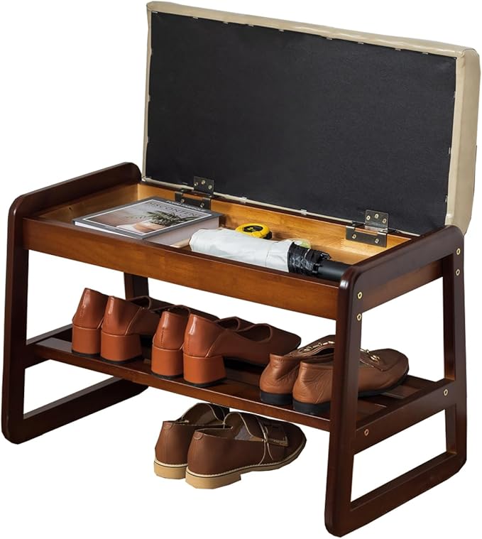 latifolia Solid Wood Bench, Entryway Shoe Bench with Cushion, Flip-Open Storage Compartment, 2-Tier Shoe Organizer(Grey,21.65''L)