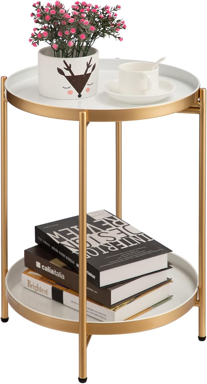 HollyHOME 2-Tier Round Gold Side Table, Outdoor Small Folding Accent Stand with Removable Tray, Anti-Rust Metal Asional Table for Balcony Patio Living Room, Nightstand for Bedroom(Gold&White)