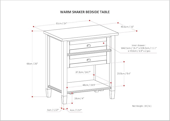 SIMPLIHOME Warm Shaker SOLID WOOD 24 Inch Wide Transitional Bedside Nightstand Table in Russet Brown, For the Living Room and Bedroom