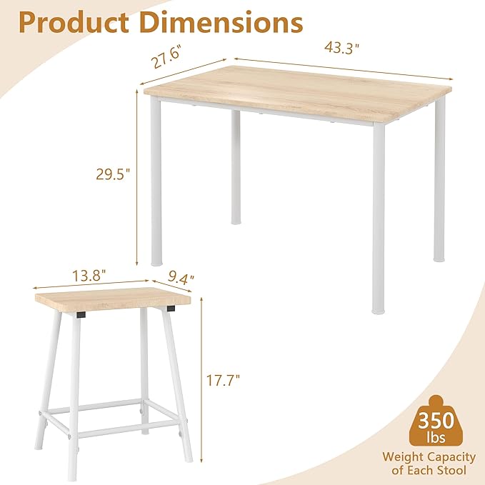 VECELO Kitchen Table and Chairs for 4, Dining Room Set with Chairs/Stools, Heavy-Duty Metal Frame with Wooden Tabletop for Small Spaces, Easy Assembly, Natural Oak