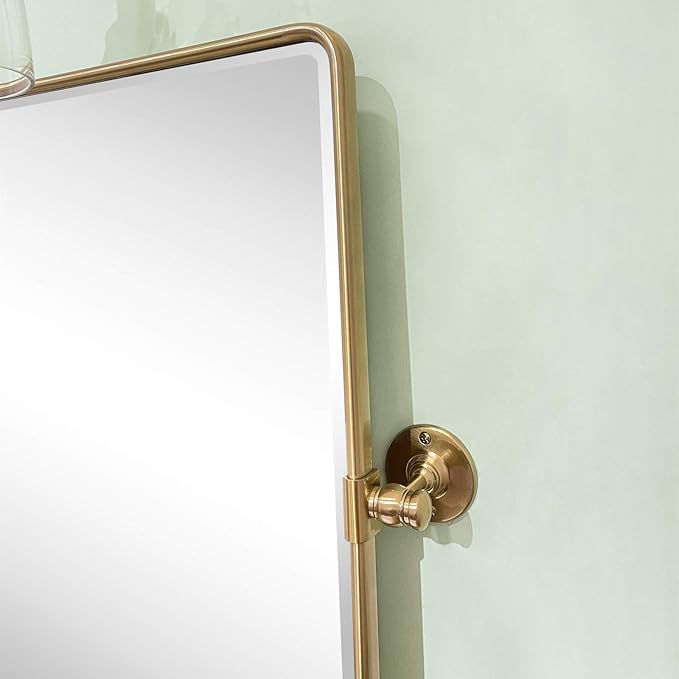 TEHOME 20 x 24 inch Farmhouse Gold Metal Framed Pivot Rectangle Bathroom Mirror Rounded Rectangluar Tilting Beveled Vanity Mirrors for Wall