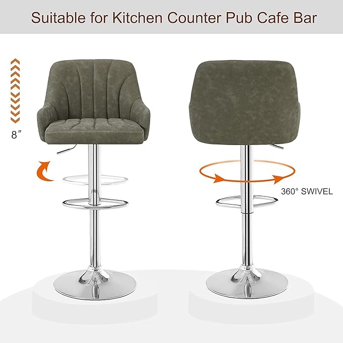 VECELO Adjustable Barstools Set of 4, Counter Bar Stools with Back and Arm, Kitchen Island Stools Swivel Bar Chairs for Pub Dinning Room, Dark Gray