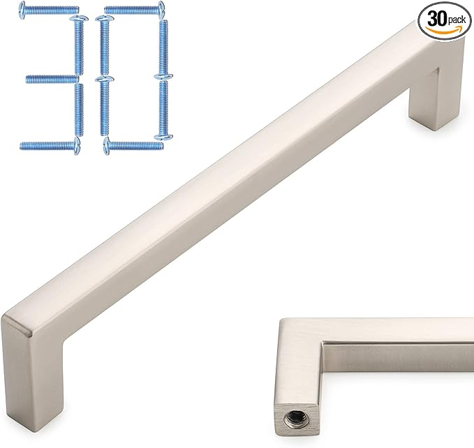 KOOFIZO 30-Pack Solid Square Bar Cabinet Handle - Brushed Nickel Furniture Pull, 5 Inch/128mm Screwhole Distance for Kitchen Cupboard Door, Bedroom Dresser Drawer, Bathroom Wardrobe Hardware