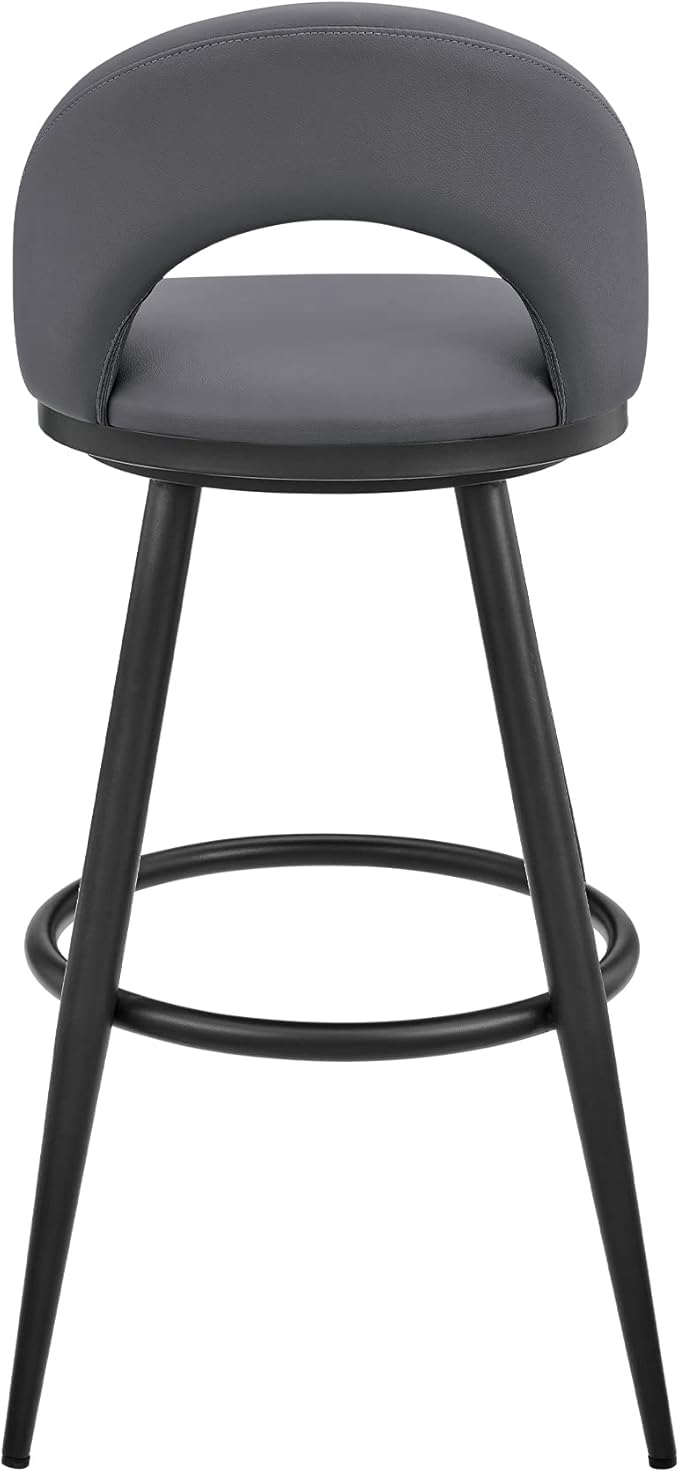 Armen Living Charlotte Swivel Bar Stool in Black Metal with Grey Faux Leather