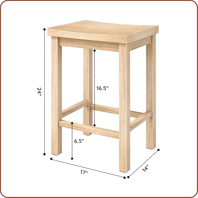 Grain & Grove Smith Collection Set of 2 Solid Wood Counter Height Bar Stools, 24-Inch Saddle Seat Backless Stools, Ideal for Kitchen Island, Dining, or Home Bar Seating, Blonde