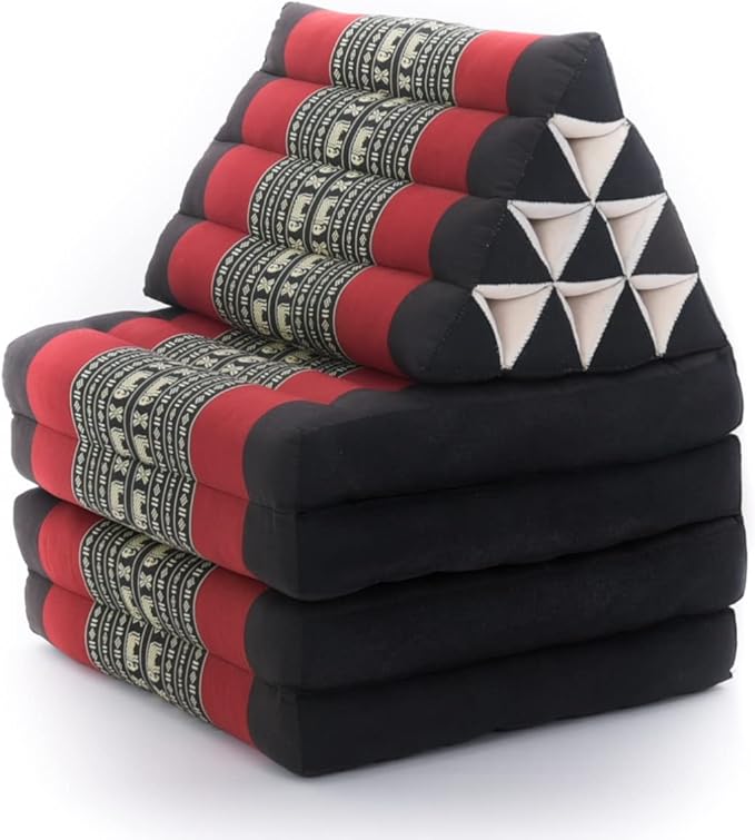 Leewadee Comfortable Japanese Floor Mattress - Thai Floor Bed with Triangle Cushion - Futon Mattress - XL Extra Long Thai Massage Mat, 89 x 20 inches, Black Red, Kapok Filling
